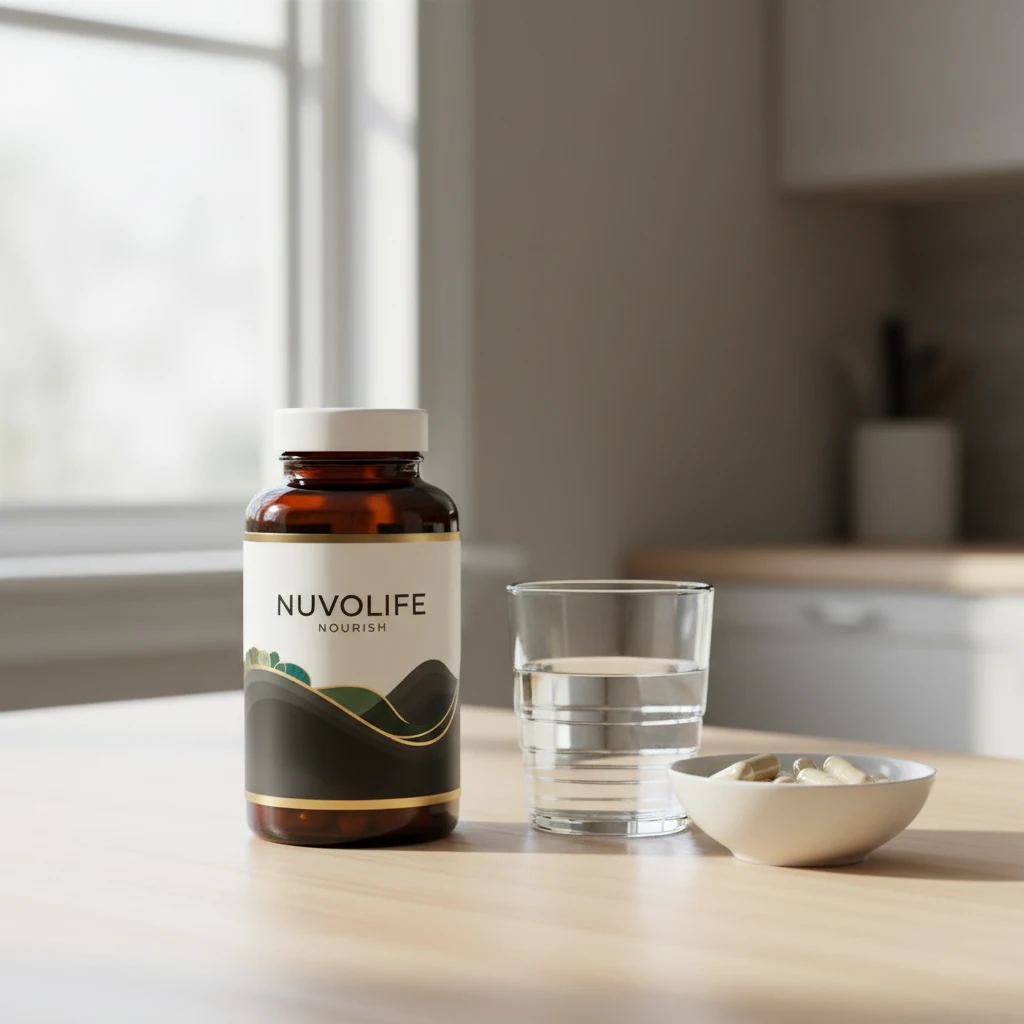 NuvoLife Nourish fles op een lichte keukentafel naast een glas water en een schaaltje amandelen